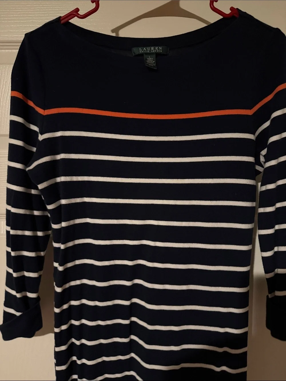 Lauren Ralph Lauren Navy and White Striped Boatneck Dress with Orange Trim